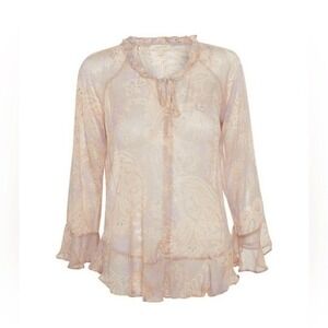 Mystic Paisley Floral Chiffon Long Sleeve Ruffle neck Top semi sheer small NWT